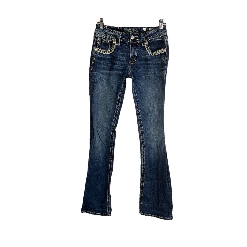 Miss Me Mid Rise Bootcut Thick Stitched Denim Blue Jeans Womens 27
